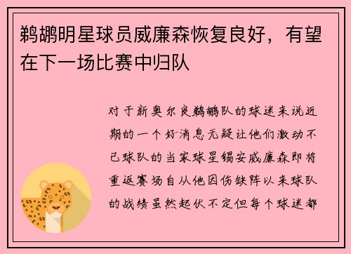 鹈鹕明星球员威廉森恢复良好，有望在下一场比赛中归队