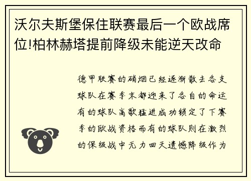 沃尔夫斯堡保住联赛最后一个欧战席位!柏林赫塔提前降级未能逆天改命