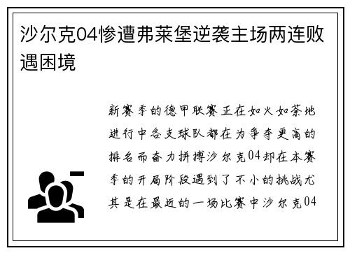 沙尔克04惨遭弗莱堡逆袭主场两连败遇困境